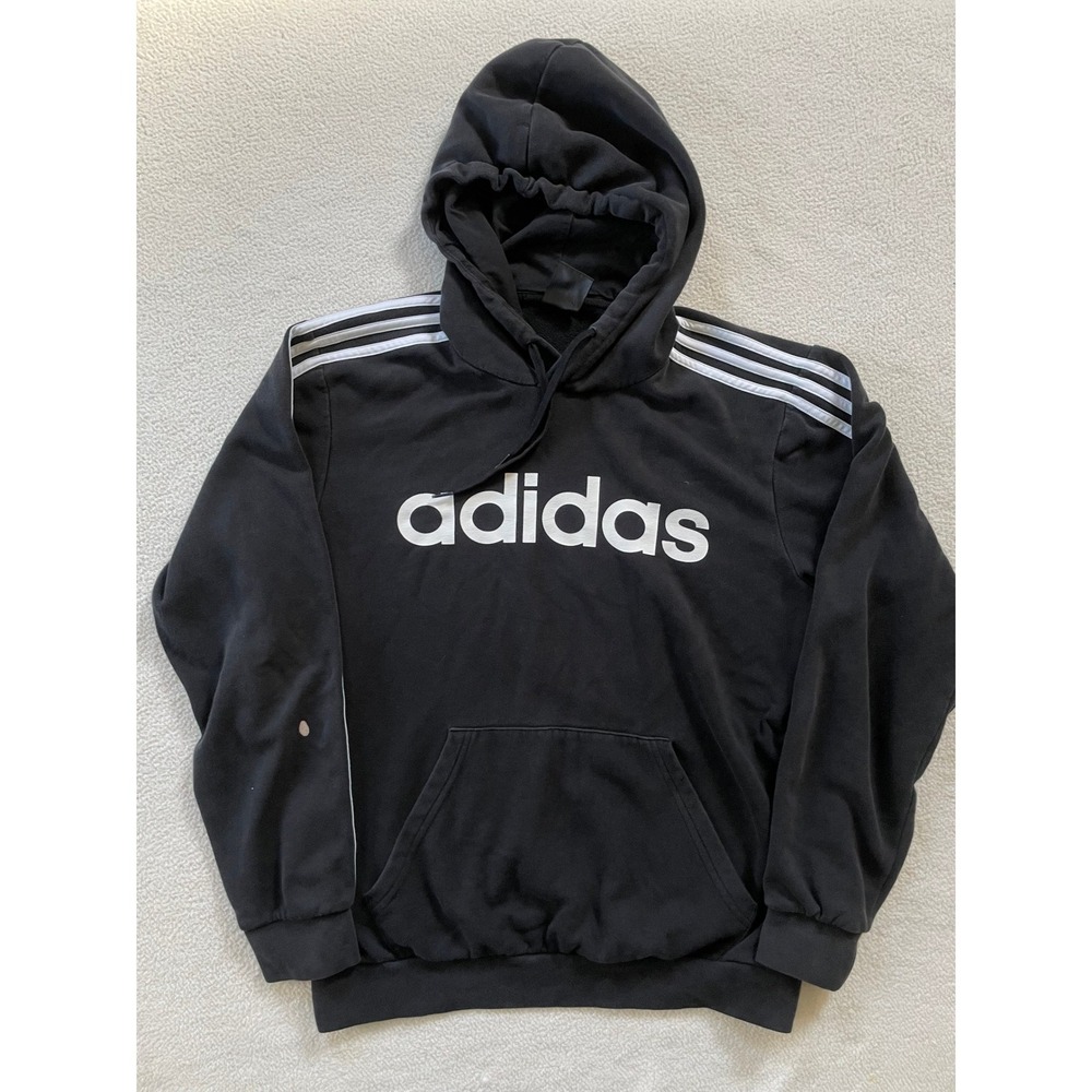 Adidas Mens Medium‎ Hoodie Black 3-Stripe Logo Pullover Fleece Sweatshirt Stain